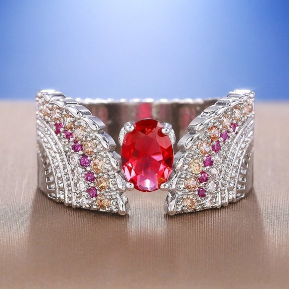 💞 Ethnic Oval Red Ruby Zircon Wings Vintage Silver Ring for Women, PD596 - Picture 1 of 7